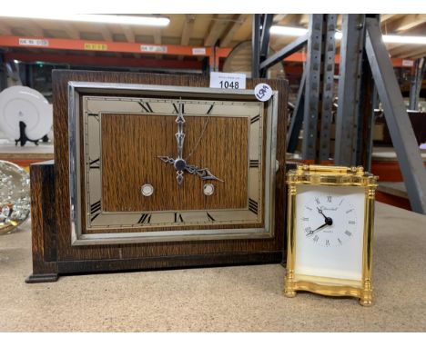 AN ART DECO OAK CHIMING MANTLE CLOCK AND FURTHER CHURCHILL QUARTZ CARRIAGE CLOCK 