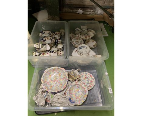 A QUANTITY OF CHINA AND CERAMIC TEAWARE TO INCLUDE ROYAL WINTON, ROYAL STAFFORD, ETC - 3 BOXES 
