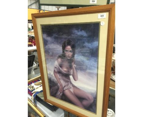 A FRAMED PRINT OF A SCANTILLY DRESSED LADY 
