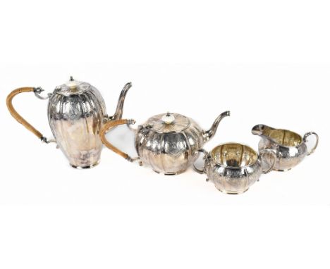 ELKINGTON &amp; CO; a four piece silver plated tea set of melon form, the tea and coffee pots with rattan handles, height of 