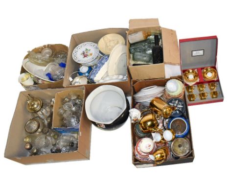 A large quantity of decorative ceramics including a jardinière, a biscuit barrel, plates, etc, also a small group of glasswar