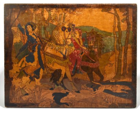 ATTRIBUTED TO IVAN BILIBIN (1876-1942); poker work heightened with colour on wooden panel, two figures upon horse back with d