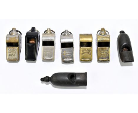 Eight vintage whistles relating to railway including the Acme Thunderer no.2820810 and engraved P. Way G.W.R, two wooden exam