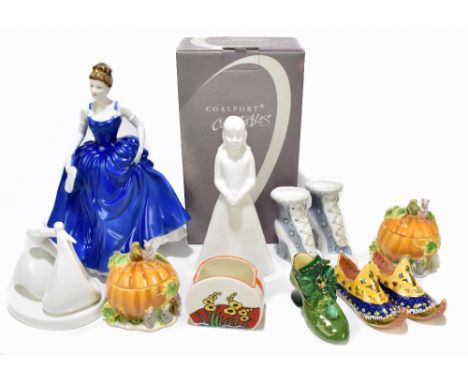 COALPORT; a group of assorted ceramics, including models of shoes, also a Royal Doulton figure, HN4620 Sophie, Wedgwood Bonjo