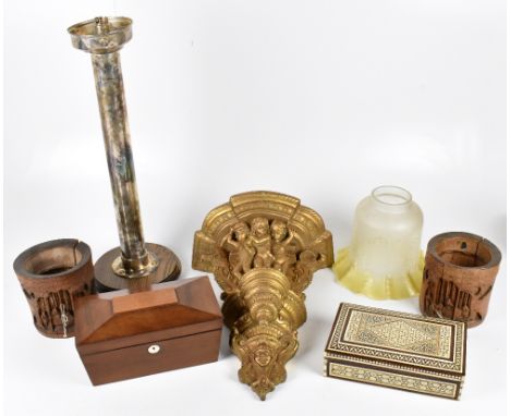 A gilded wall bracket, a Victorian tea caddy, a Victorian glass lampshade, a pair of Chinese carved bamboo brush pots (both a