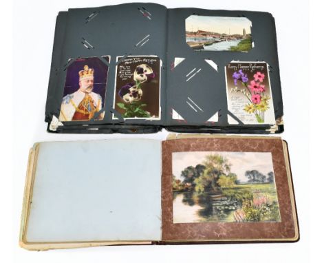 A postcard album containing vintage postcards including some humorous, topographical, some real photograph and some floral st