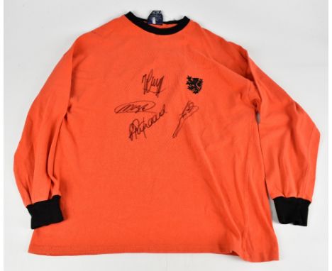 NETHERLANDS; a Netherlands retro style long sleeved cotton home shirt, signed by Kruyff, Van Basten, Guillet and Rijkaard to 