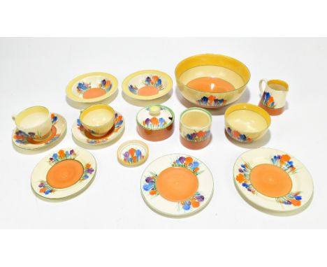 CLARICE CLIFF; a group of crocus decorated wares comprising a 21.5cm bowl, preserve pot and cover, two cereal bowls, an 11.5c