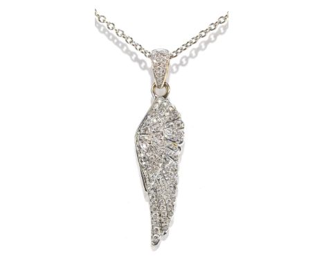 GARRARD; an 18ct white gold fine link chain supporting a white gold and diamond set winged feather pendant, length of chain 4