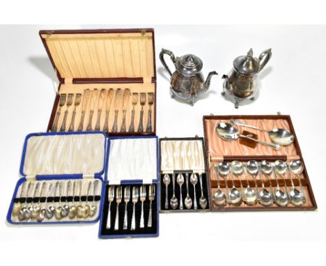 A small quantity of silver plate including cased flatware, also two hot water pots (one finial af).