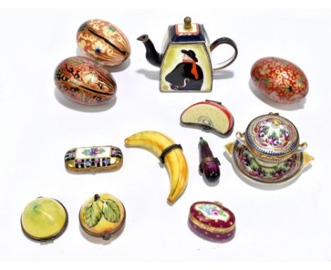 LIMOGES; five enamel boxes modelled as fruit, the longest 8.5cm, together with a further Limoges box, a porcelain box decorat