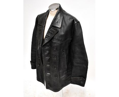 A vintage black leather double breasted waist length jacket, possibly German, length approx 80cm.