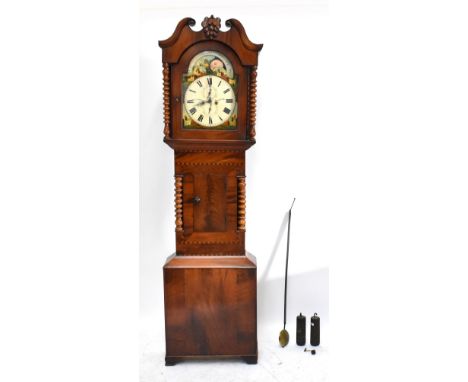 A mid 19th century mahogany and inlaid longcase clock, the broken swan neck pediment above painted arch dial set with Roman n