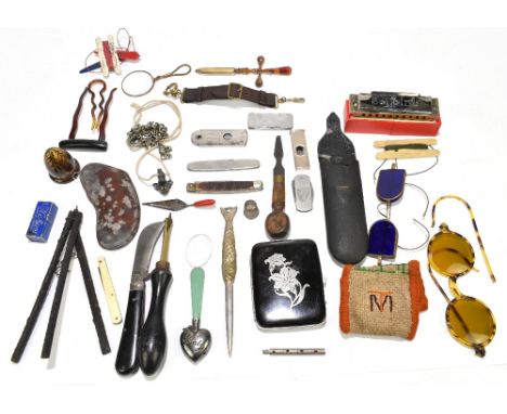 A group of collectors' items including book page markers, cigarette case, spectacles, cigar cutters, leather scribing tool, e