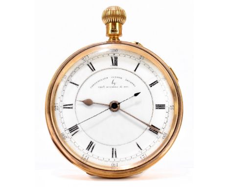 An 18ct yellow gold open faced crown wind pocket watch with two piece white enamel dial set with Roman numerals inscribed 'Ch