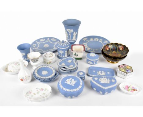 WEDGWOOD; a collection of nineteen blue jasperware items to include a flared rim vase, with nine other Wedgwood ceramic boxes