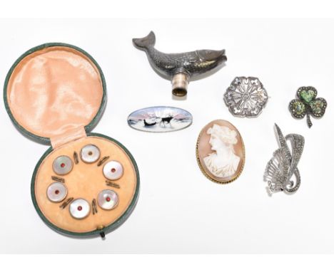 A oval cameo brooch in 9ct yellow gold mount, length 47mm, a Scandinavian silver and enamel decorated brooch depicting a figu