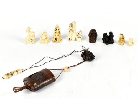 A quantity of modern bone and wooden netsuke, also a simple inro.