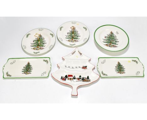 SPODE; a collection of ceramics including two cake stands and footed dish decorated in the Christmas Tree pattern, a Masons b