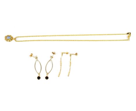 A pair of 9ct gold and sapphire drop earrings of oval form, with a further pair of 9ct gold earrings and a 9ct gold doublet o