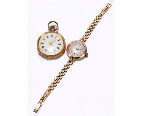 A Continental 14ct gold fob watch, enamel dial with Roman numerals and subsidiary seconds, weight 33g, with a 9ct gold wristw