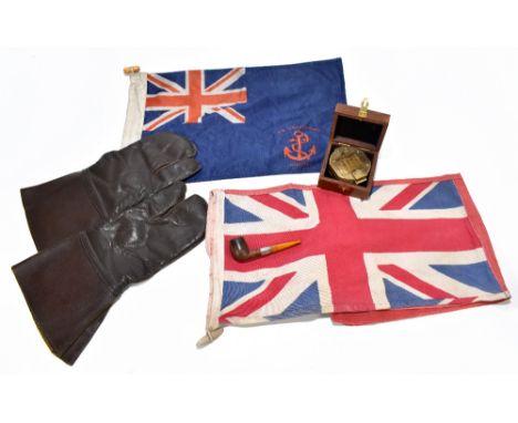 Two naval flags, a pair of leather flying gloves, a reproduction boxed compass and a cased pipe (4).
