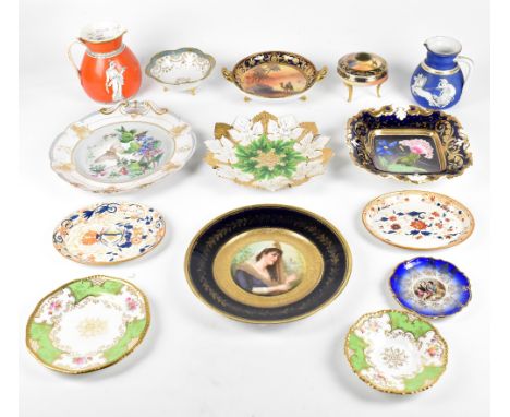 An assortment of 19th century and later decorative ceramics to include a Coalport green batwing pattern plate and saucer, two