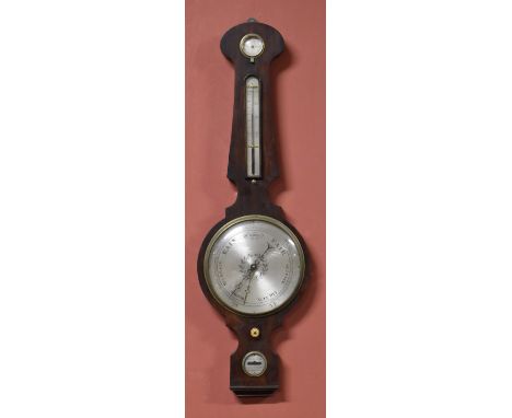 An early 19th century rosewood mercury barometer, with silvered dial thermometer and dry/damp dial, all above a spirit level 