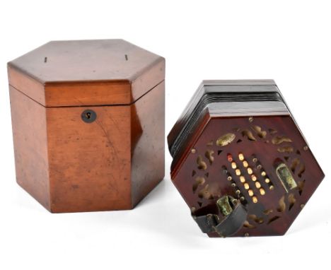 LACHENAL &amp; CO; a rosewood concertina, numbered 46048, with stained bone keys and patterned black leather bellows, in orig