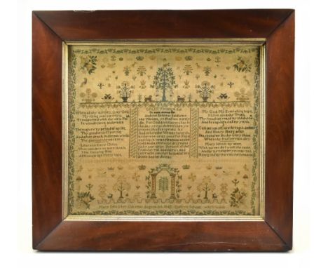 A well detailed mid 19th century sampler inscribed 'Mary John in her eleventh year August 8th 1843, Duffryn School', 42 x 49c