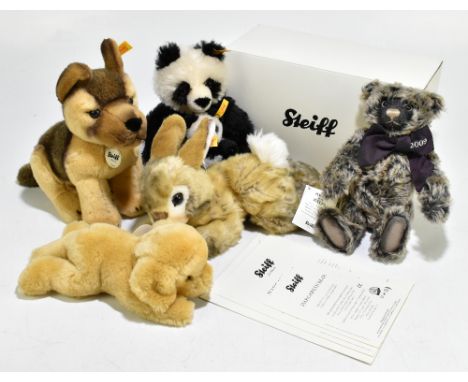 STEIFF; a 2008 Margarete bear, number 157, with a Steiff Alsatian, panda and cub, rabbit, and sleeping puppy.