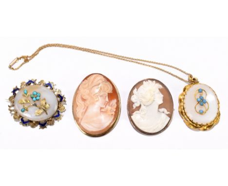 A Victorian yellow metal, enamel and opaque glass brooch, 5cm, with a similar gilt metal pendant with fine link chain, and tw