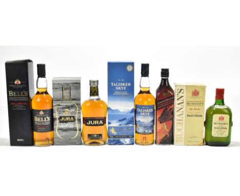 WHISKY; five bottles including Talisker Skye Single Malt Scotch Whisky, Jura 10 year old, Bell's Special Reserve, Johnnie Wal