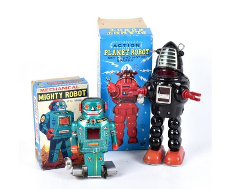 KO; a Japanese clockwork tin plate planet robot, with a mechanical 'Mighty Robot with Spark', each boxed (2).Additional Infor