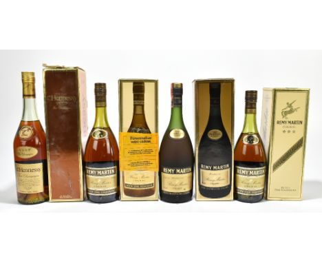 COGNAC; two bottles of Remy Martin Petite Fine Champagne, a further bottle of Remy Martin Fine Champagne V.S.O.P and single b