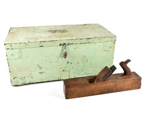 A green painted pine tool chest with applied brass numbers 73, width 62cm, depth 31cm, height 26.5, with a wooden plane (2).&