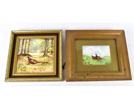 A SMITH; a hand painted rectangular panel depicting pheasants in landscape, 8 x 11cm, with a further hand painted panel depic