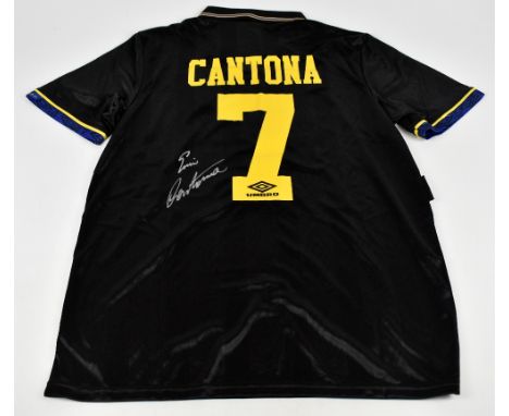 ERIC CANTONA; an Umbro Manchester United 1994-95 ‘Kung Fu Kick’ season retro reproduction away shirt, signed to reverse, size