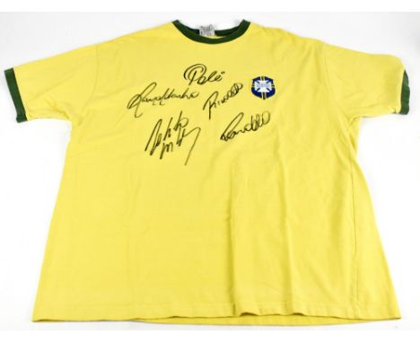 BRAZIL; a 1970s Brazil home shirt, signed by Pelé, Ronaldinho, Ronaldo, Robert Carlos and Rivaldo, size XXL.
Additional Infor