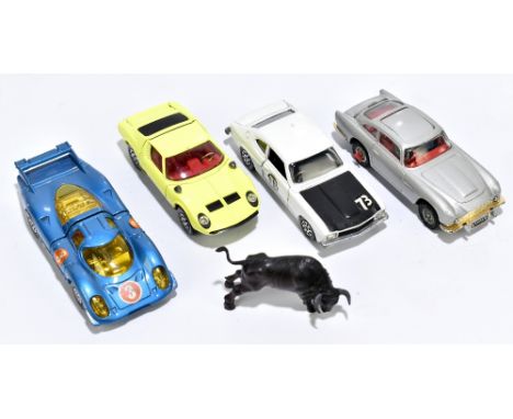 CORGI; a diecast James Bond Aston Martin DB5, with a Porsche 917, a Lamborghini Miur, a P400 and a Ford Capri 3L GT, all unbo