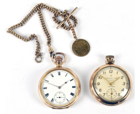 A gold plated crown wind open faced pocket watch with white enamel dial set with Roman numerals and subsidiary seconds hand, 