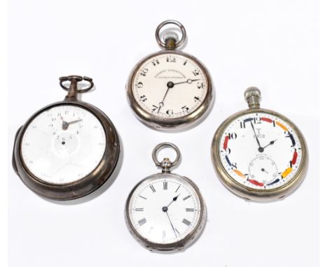A George III hallmarked silver pair cased pocket watch, the unusual white enamelled dial set with Arabic numerals with minute