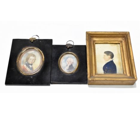 19th century portrait miniature on ivory of a young officer, 6 x 5cm, with a further portrait miniature on ivory of a gentlem