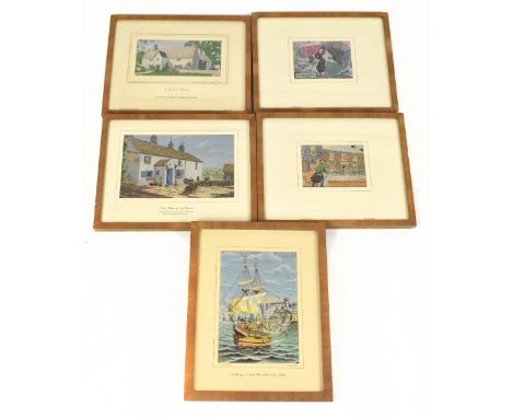Five silk pictures comprising 'Sailing of the Mayflower', 'The House of Brocklehurst', 'The Hanging Gate', 'Hurdsfield House 