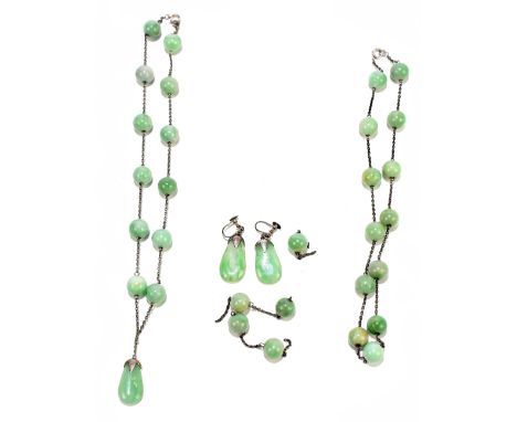 Two jade bead necklaces, length approx 36 and 41cm, three additional sections for the necklaces and a pair of similar earring