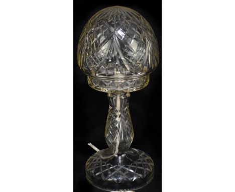 A 20th century cut glass mushroom lamp and shade, height 39cm.Additional InformationVery minor nibbles to the rim, shade and 