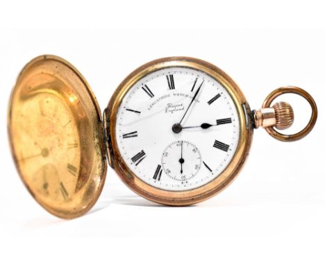 A gold plated crown wind full hunter pocket watch with white enamel dial set with Roman numerals and subsidiary seconds hand 
