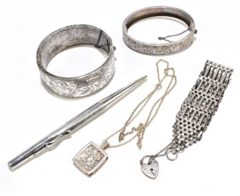 A silver gate link bracelet, two silver hinged oval bangles, a pendant on chain and a sterling silver propelling pencil.
