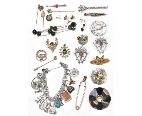 A good collection of costume jewellery including a 9ct yellow gold bar brooch, a 9ct seed pearl pendant, various stick pins, 