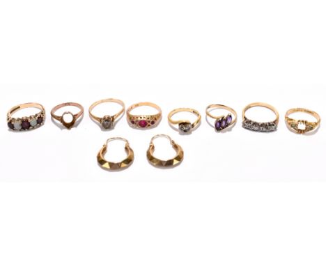 A diamond set 18ct gold two stone ring, size K, and an 18ct gold mount, weight 5.5g, with three 9ct gold gem set rings and a 